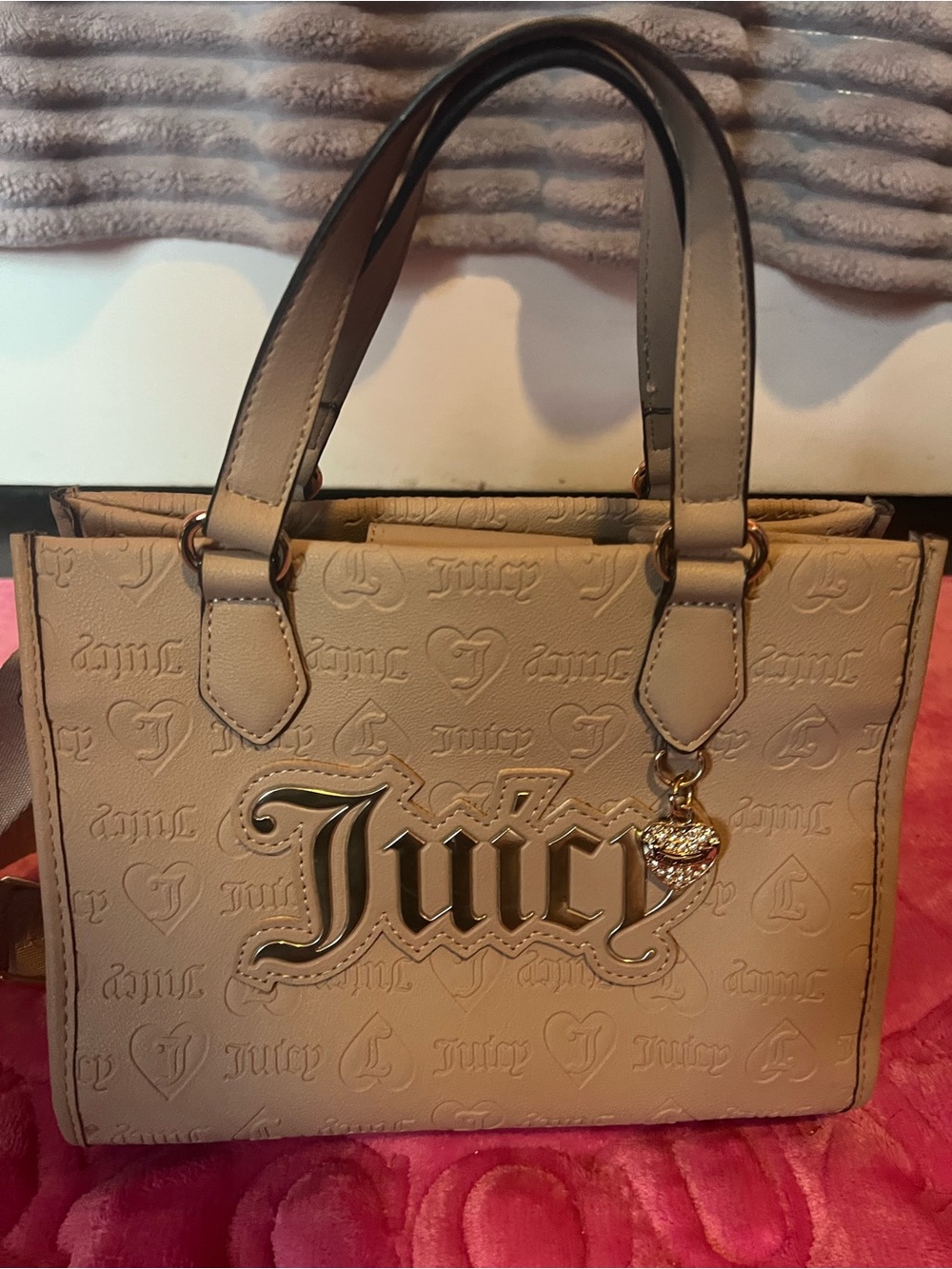 Juicy Couture Beige Embossed Logo Tote with Gold Charm